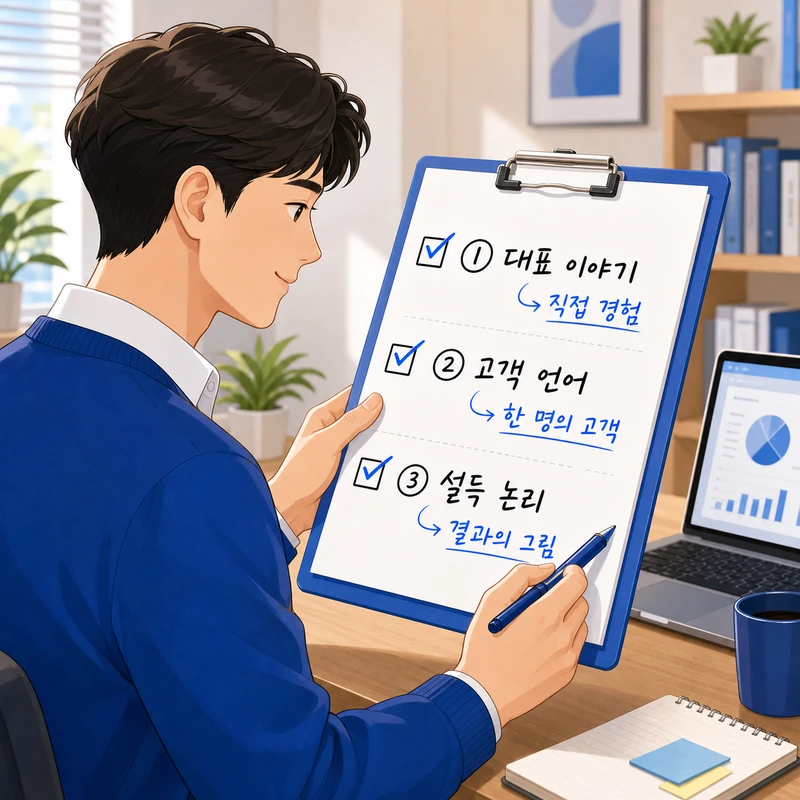 회사소개서 AI 체크 3가지 항목 요약 - 대표 이야기, 고객 언어, 설득 논리