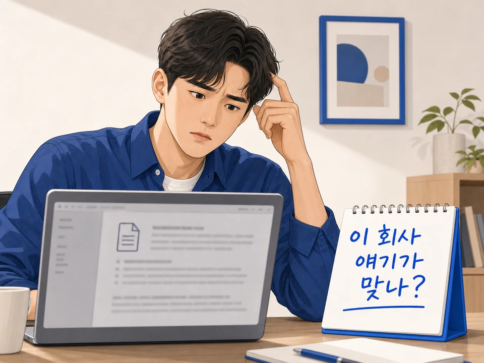 AI 제안서 초안을 보며 고민하는 직장인 - 상대방 맥락 부재