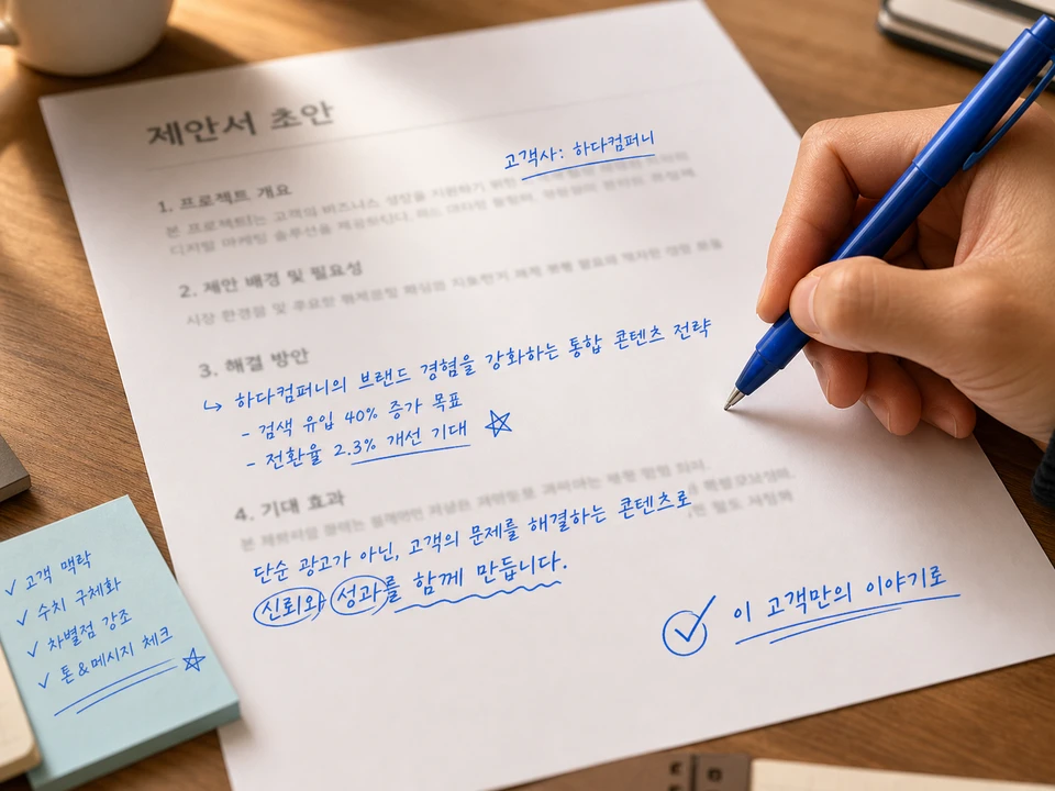 ChatGPT 제안서 초안을 사람이 직접 편집하며 완성하는 장면