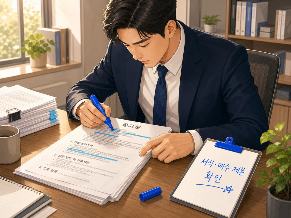 입찰제안서 공고문 서식을 꼼꼼히 확인하는 모습