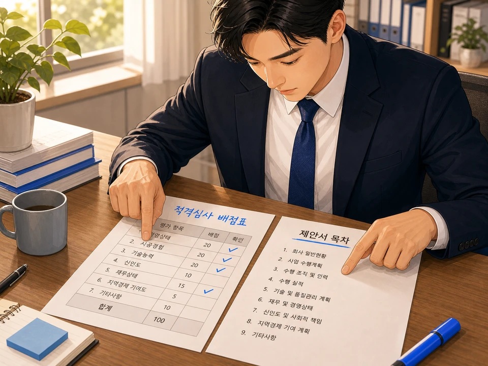 입찰제안서 적격심사 배점표와 목차를 대조하는 모습