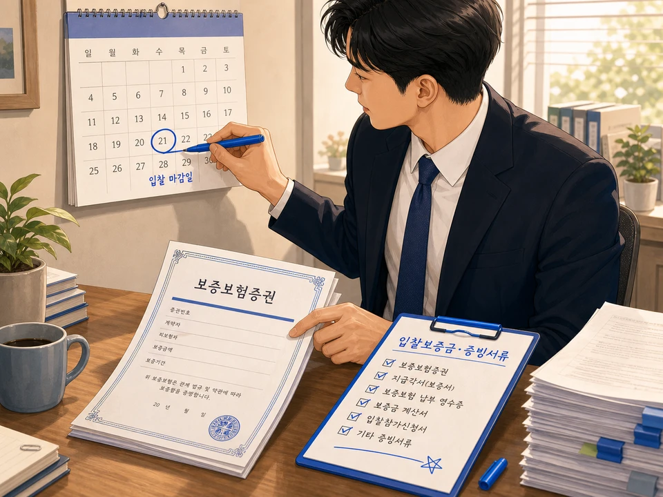 입찰제안서 입찰보증금과 증빙서류를 준비하는 모습