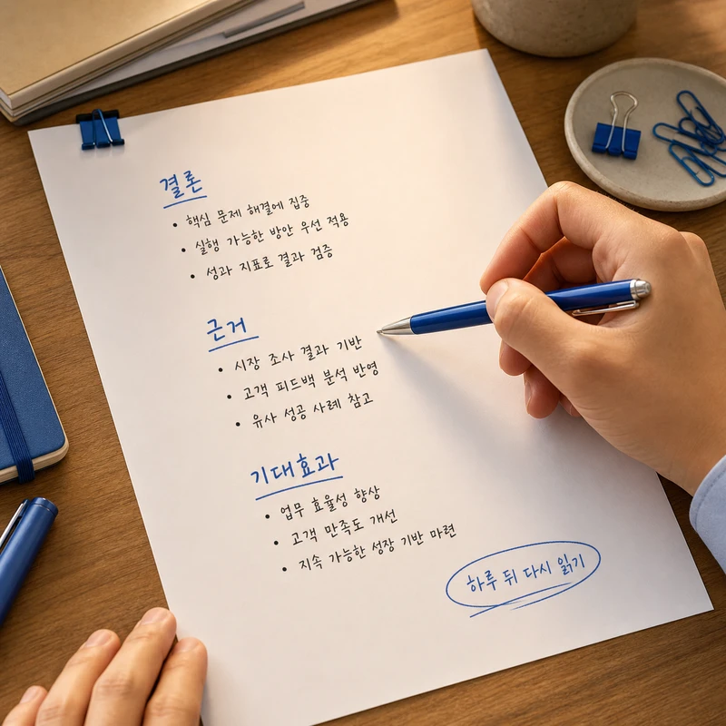 보고서 검토 - 한 장 보고서를 하루 뒤 다시 읽으며 점검하는 모습