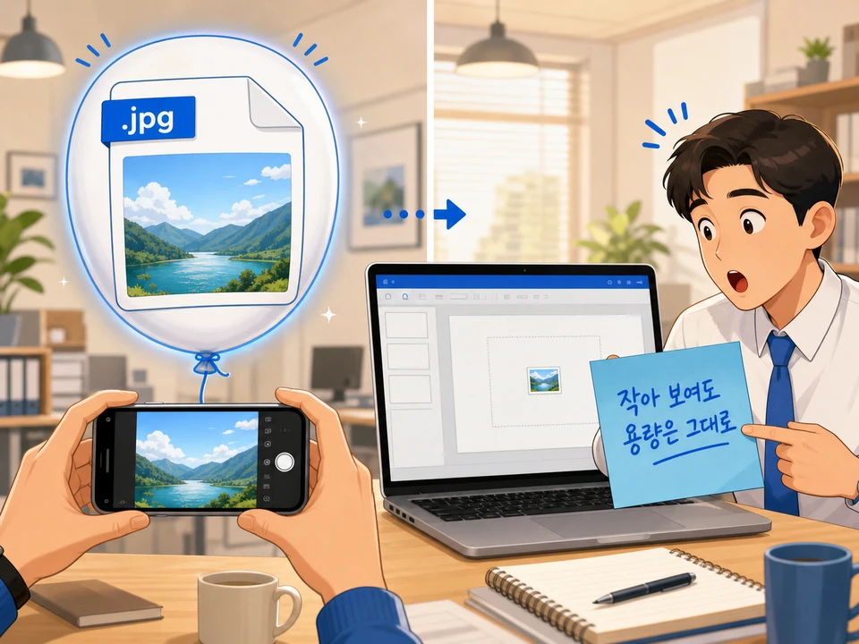 PPT용량줄이기 원인, 스마트폰 원본 사진이 슬라이드에 작게 배치되어도 용량은 그대로인 상황