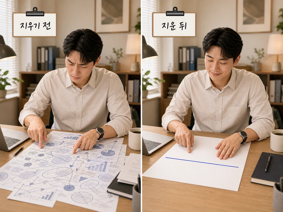 템플릿 장식 도형을 정리하기 전과 후의 회사소개서 PPT 디자인 비교