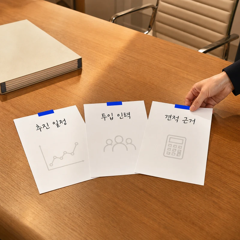 제안서 PPT 디자인에 반드시 필요한 추진 일정 투입 인력 견적 근거 세 페이지