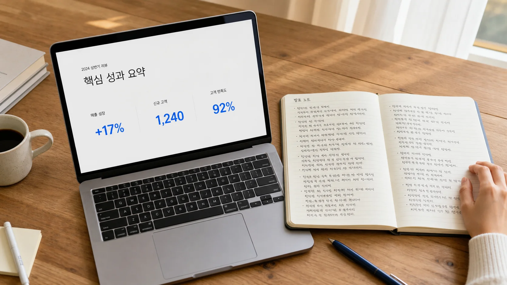 하다컴퍼니 발표 잘하는 법 - 핵심 문장만 남긴 슬라이드와 발표자가 설명을 채우는 모습
