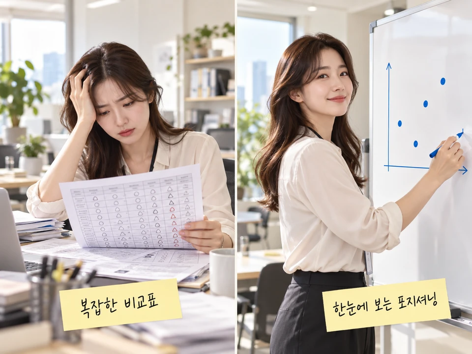 포지셔닝 맵으로 경쟁사 분석 페이지를 정리하는 법, 비교표와 비교하는 일러스트