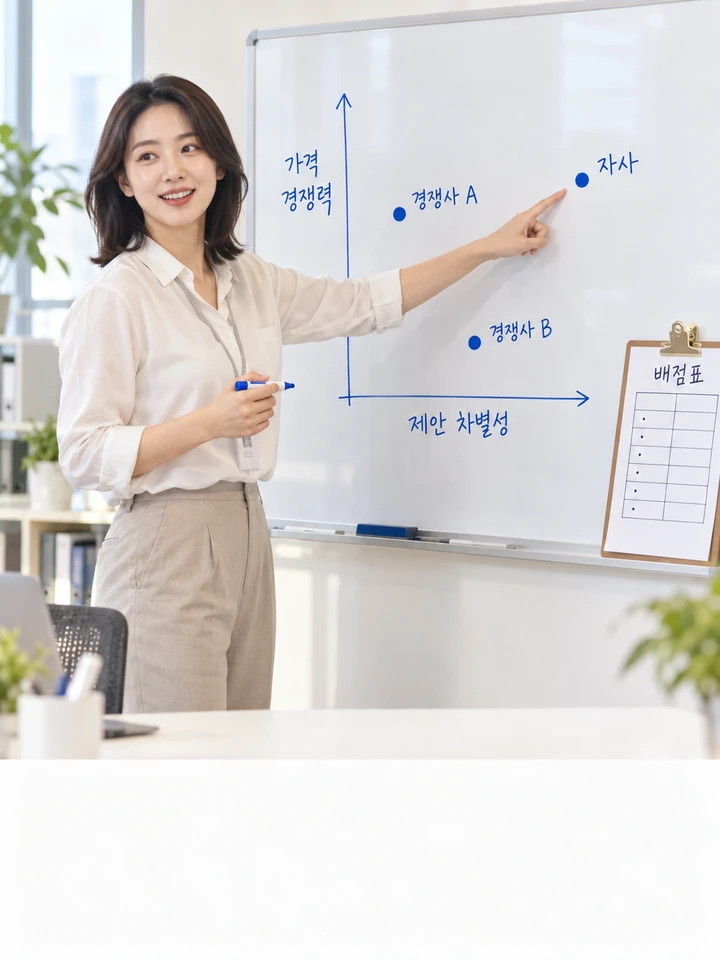 포지셔닝 맵 그리는 순서, 화이트보드에 자사와 경쟁사 위치를 표시하는 일러스트