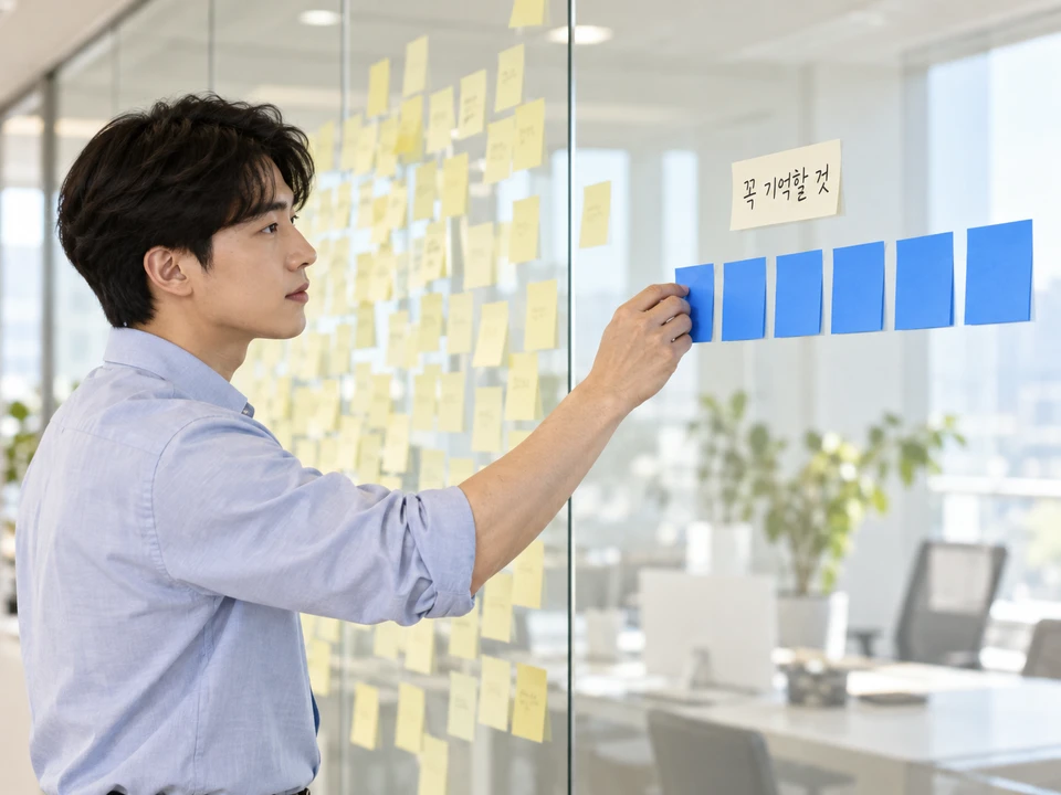 PPT 만들기 전 핵심 메시지를 추리는 과정, 포스트잇 가운데 여섯 장만 골라 붙이는 실무자