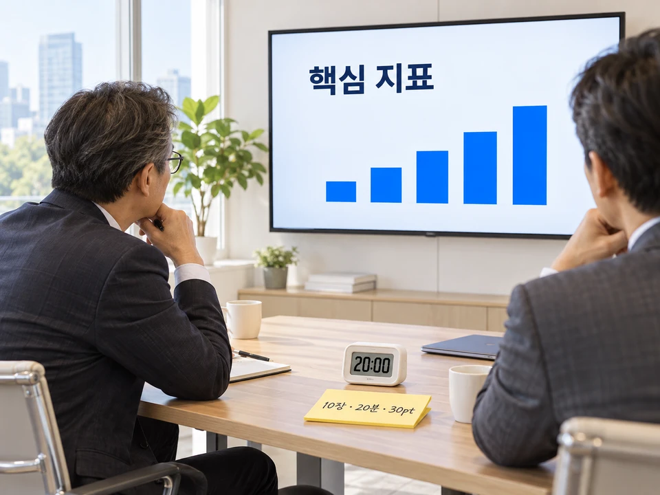 회의실 모니터에 큰 글씨의 IR자료 화면이 떠 있고 테이블에 20분 타이머와 10/20/30 메모가 놓인 모습