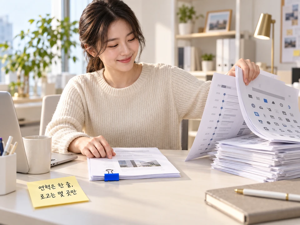 두꺼운 회사소개서에서 연혁과 로고 페이지를 빼내 얇은 IR자료 묶음으로 정리하는 창업자