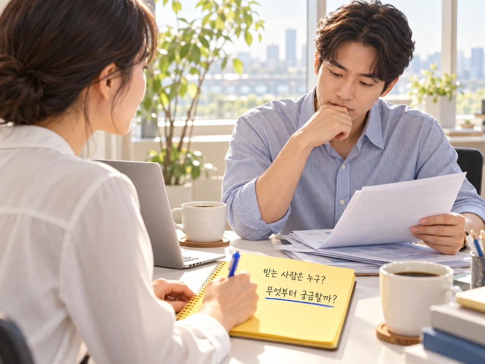PPT 목차 순서를 정하려고 맞은편 거래처 담당자의 입장을 떠올리며 노트에 질문을 적는 실무자