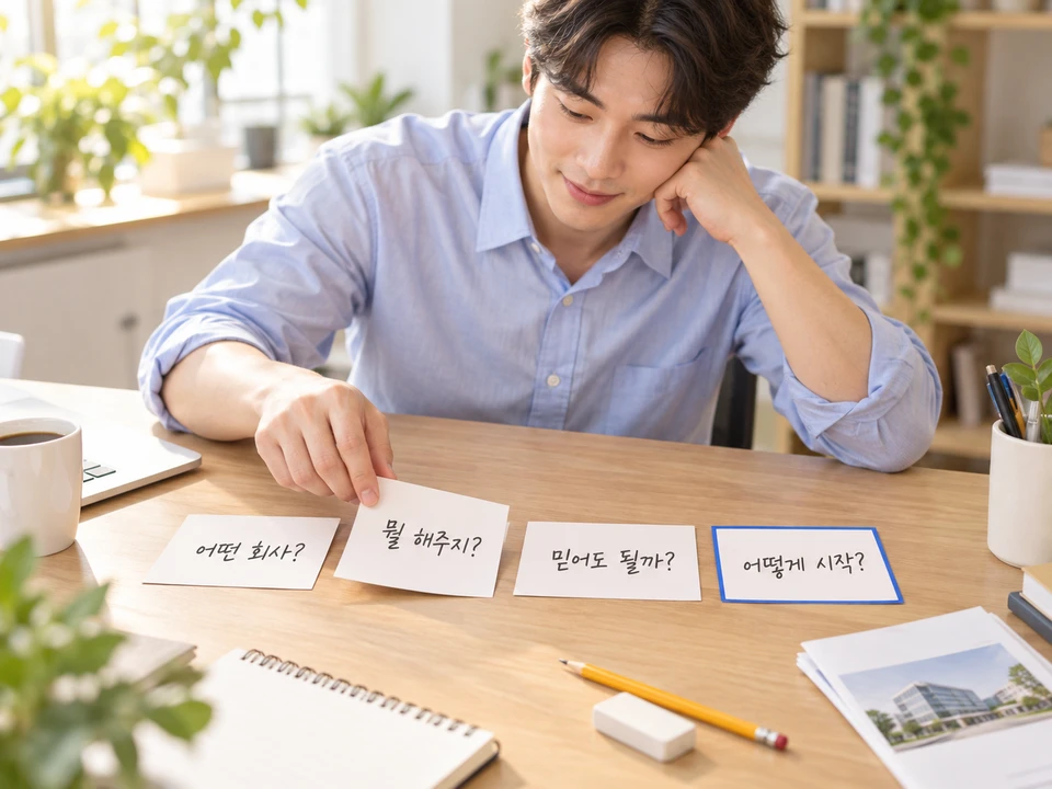 회사소개서 PPT 목차 항목 카드 네 장을 책상 위에 펼쳐 놓고 순서를 바꿔보는 실무자